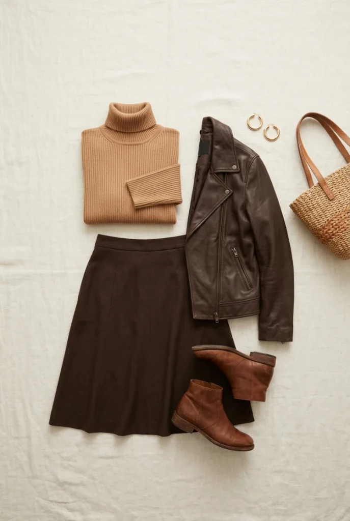 Flat-lay of a tonal brown leather jacket, camel turtleneck, and midi skirt for fall Type