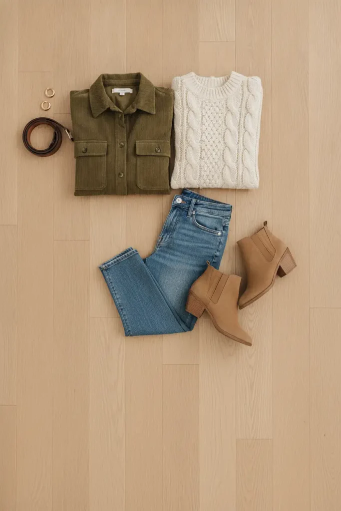 Flat lay of an olive corduroy shacket with a cream cable knit, jeans and suede boots.