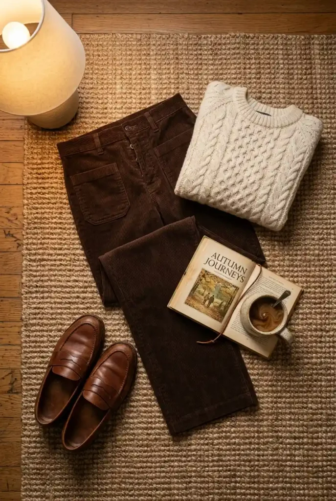 Flat-lay of brown corduroy wide-leg pants, a cream cable knit and loafers for fall outfits over 60