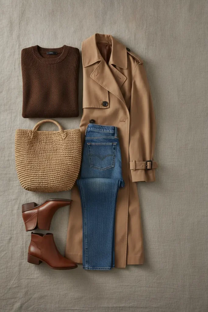 Flat lay of brown outfits for fall: chocolate knit, camel trench, jeans, cognac boots