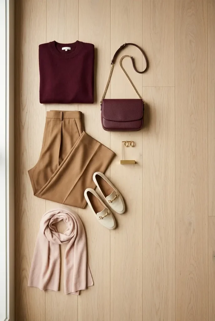 Flat-lay of burgundy outfit pieces for women over 50 with camel trousers, cream loafers, and a blush scarf