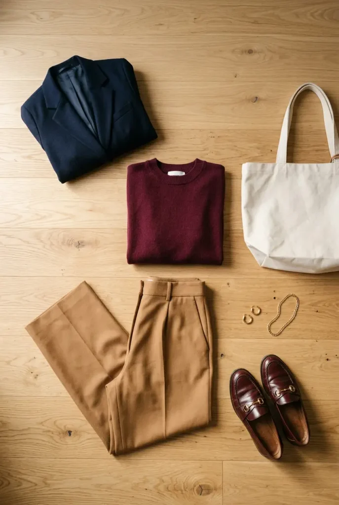 Flat-lay of burgundy outfits for fall with a wine knit, camel trousers, navy blazer and oxblood loafers