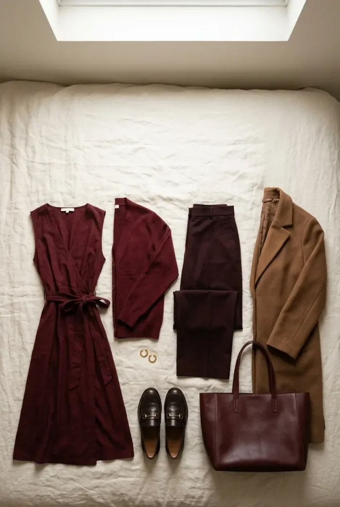 Flat-lay of burgundy outfits for plus-size women with a wrap dress, cardigan, trousers, camel coat and loafers