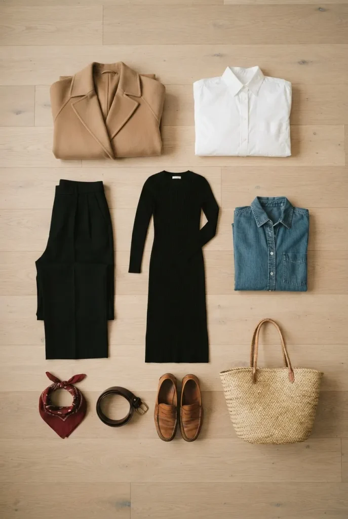 Flat-lay of capsule wardrobe pieces used for Halloween costume outfits for plus-size women.