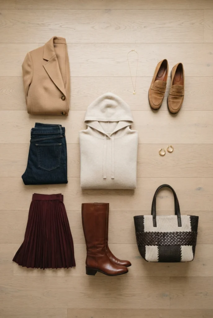 Flat-lay of cozy hoodie outfits with a camel blazer, jeans and boots on a wood floor