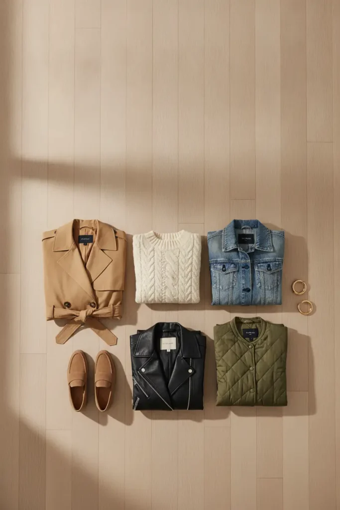 Flat-lay of five jackets for women over 50: camel trench, navy blazer, black moto, denim, and olive quilted jacket