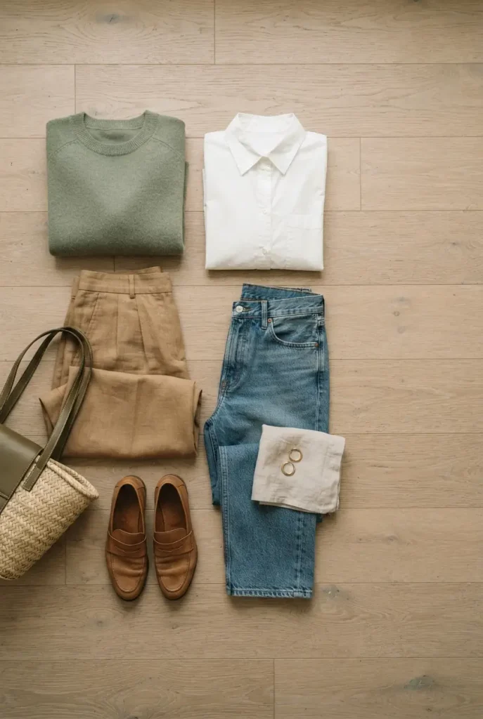 Flat lay of sage green knit, camel trousers, white shirt and loafers on oak floor