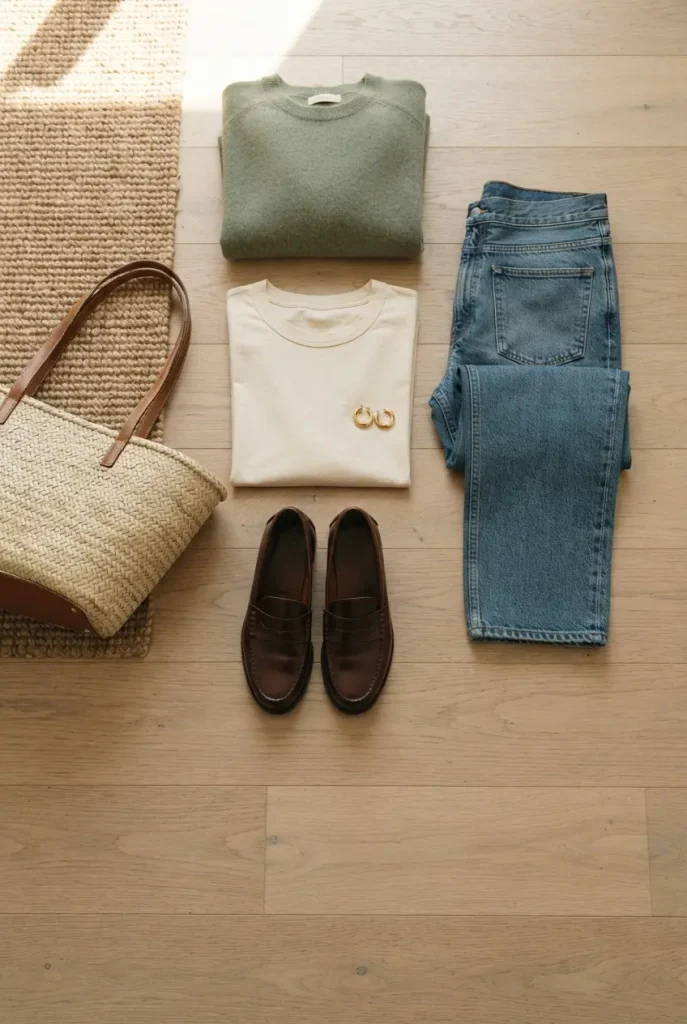 Flat-lay of sage green knit, cream tee, jeans and loafers for a plus-size capsule wardrobe
