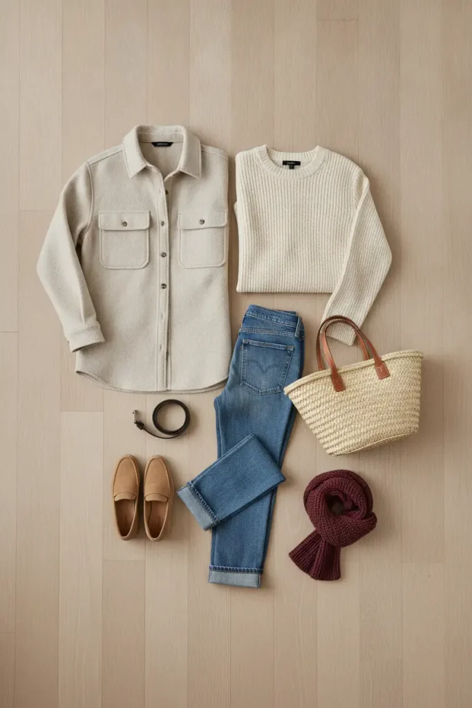 Flat lay of shacket outfits capsule: oat shirt jacket, cream knit, jeans, loafers and tote