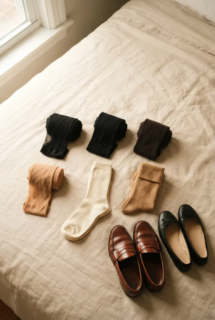 Flat-lay of six tights and socks for a capsule wardrobe with loafers and ballet flats on oat linen