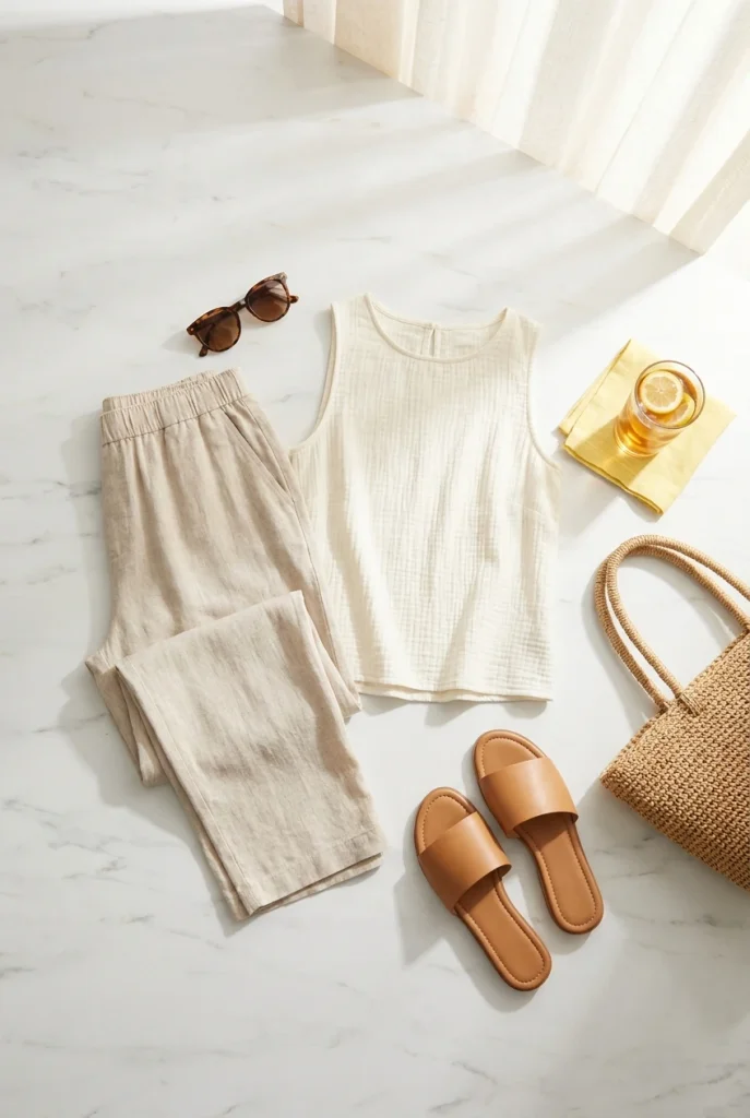 Flat lay of summer loungewear for women over 50 with linen pants, sleeveless shell and slide sandals