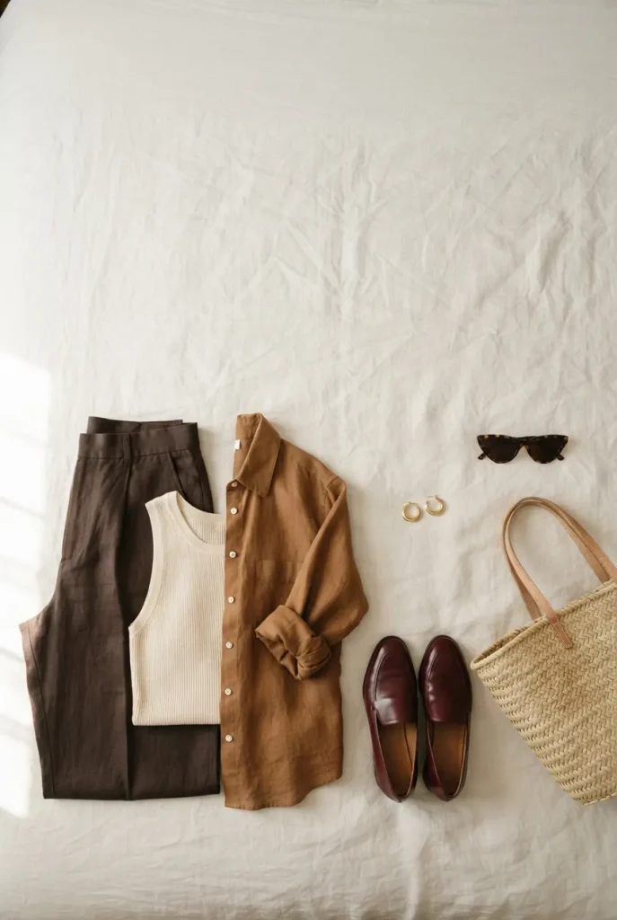 Flat-lay of warm-weather fall outfit pieces: espresso trousers, cream tank, brown linen shirt and burgundy loafers