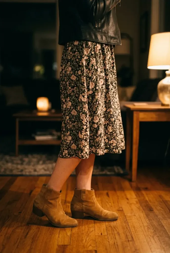Floral midi dress with a leather jacket and tan ankle boots for women over 50 Type