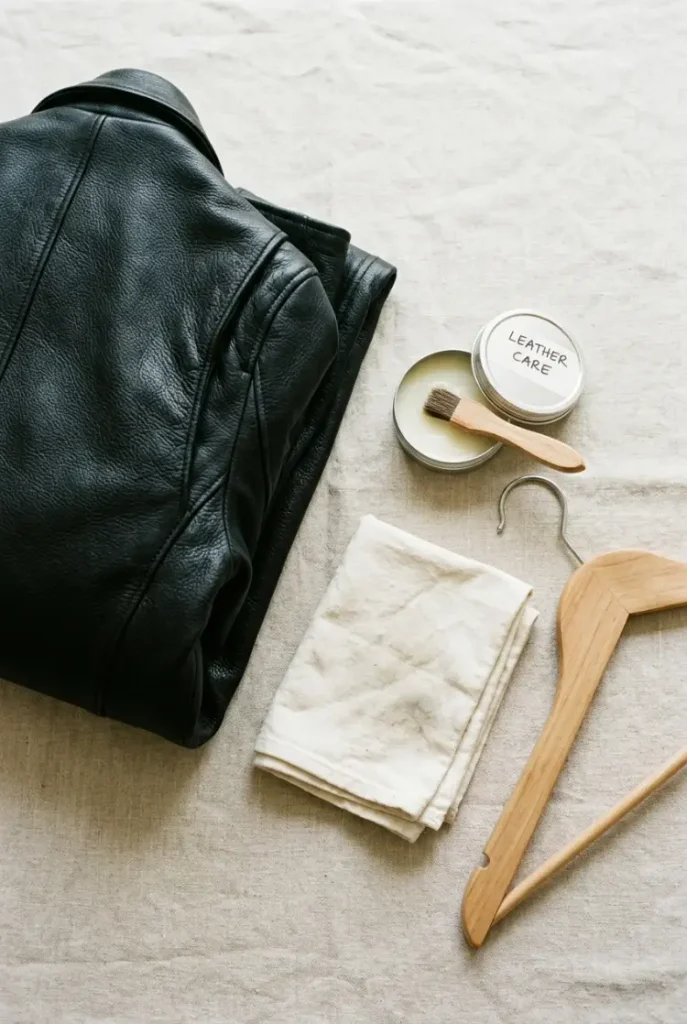 Folded black leather jacket beside a tin of conditioner, soft cloth and wooden hanger on linen