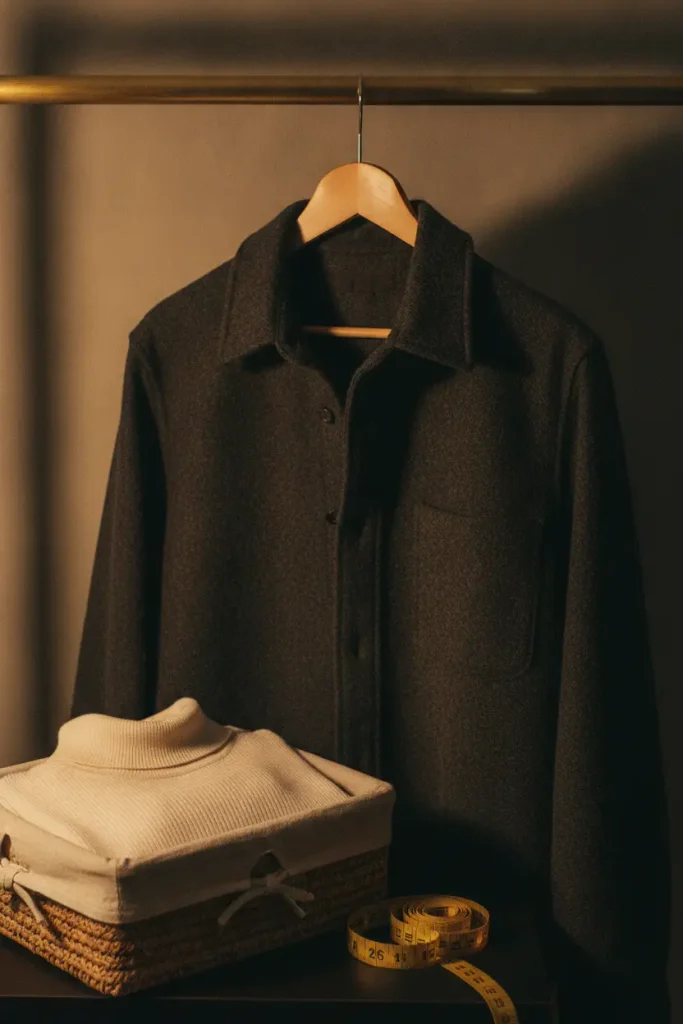 Folded wool shacket on a wooden hanger with a cream merino turtleneck below