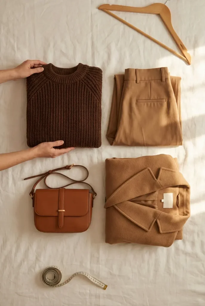 Four brown capsule pieces laid out on a bed: knit, trousers, bag and camel coat