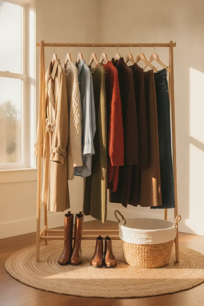 Garment rack holding a 12-piece plus-size Fall Outfits for Plus-Size Women on wooden hangers, arranged light to dark