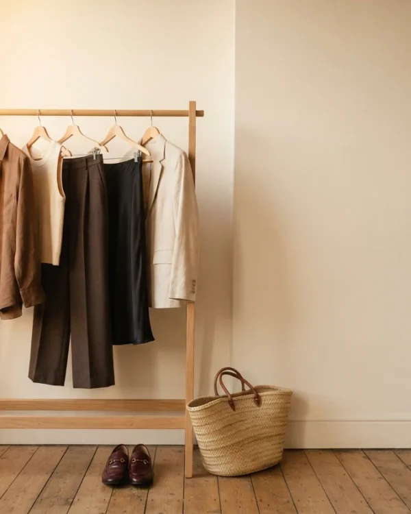 Garment rack of warm-weather fall outfits: brown linen shirt, cream tank, espresso trousers and burgundy loafers
