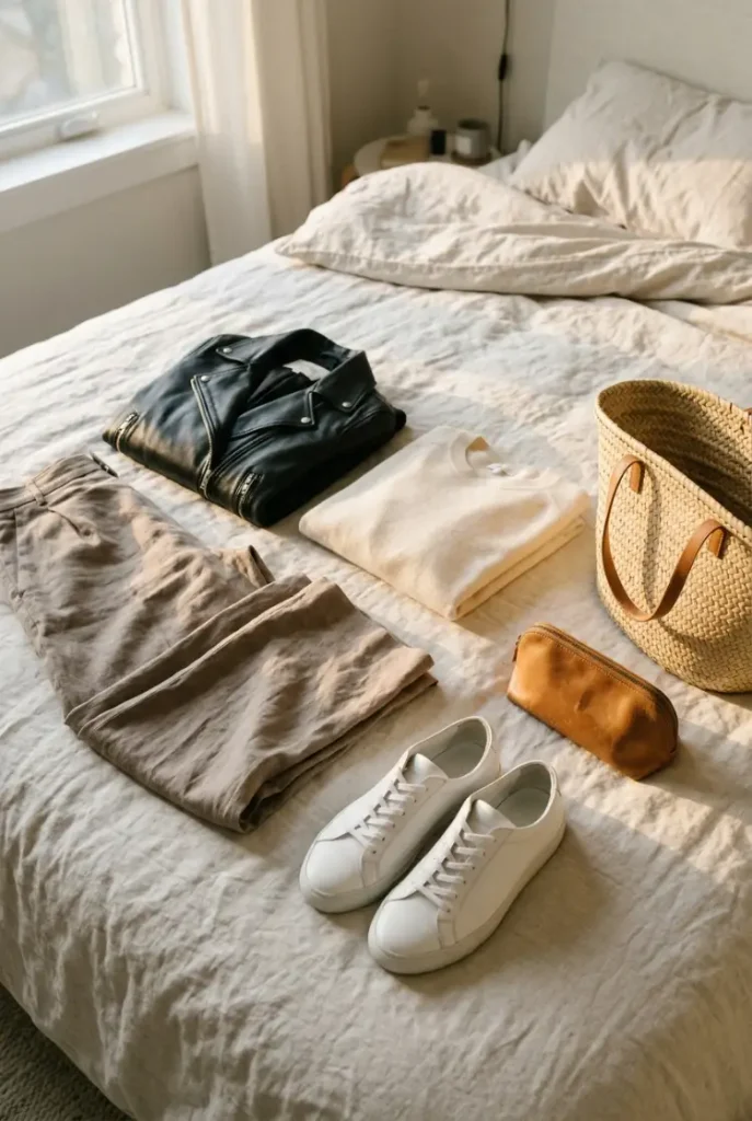 Travel capsule flat-lay with a leather jacket, knit, wide trousers, and sneakers Type