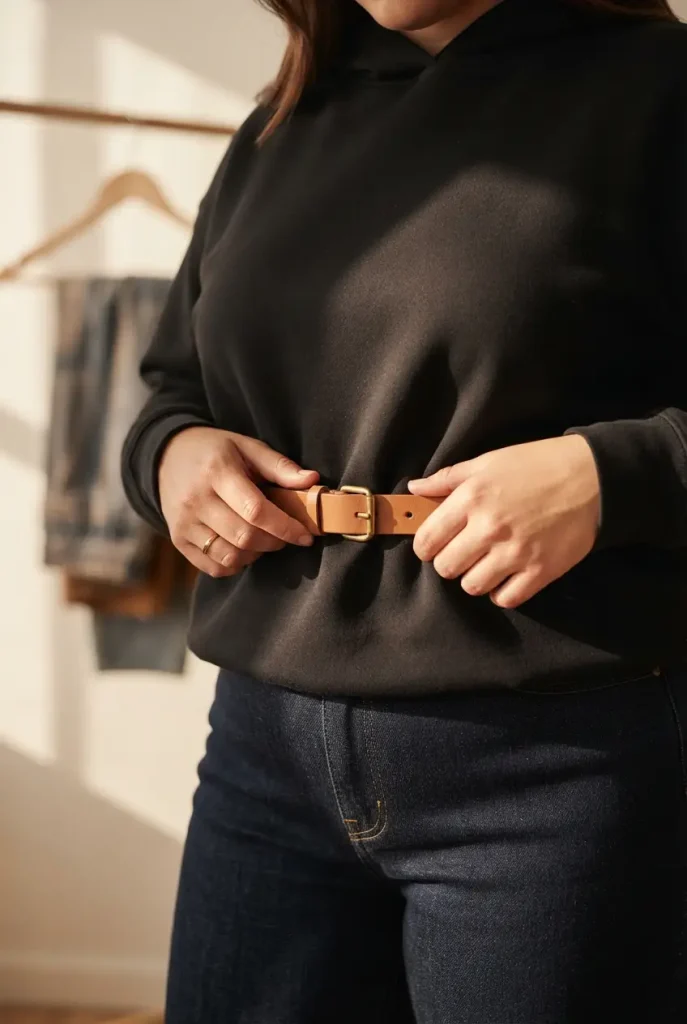 Hands belting a slim camel belt over a black hoodie at the waist with straight-leg jeans.