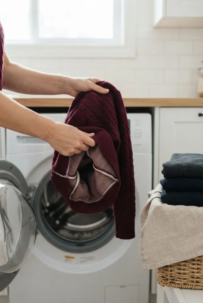 Hands turning a burgundy sweater inside out before a cold wash to keep the color from fading
