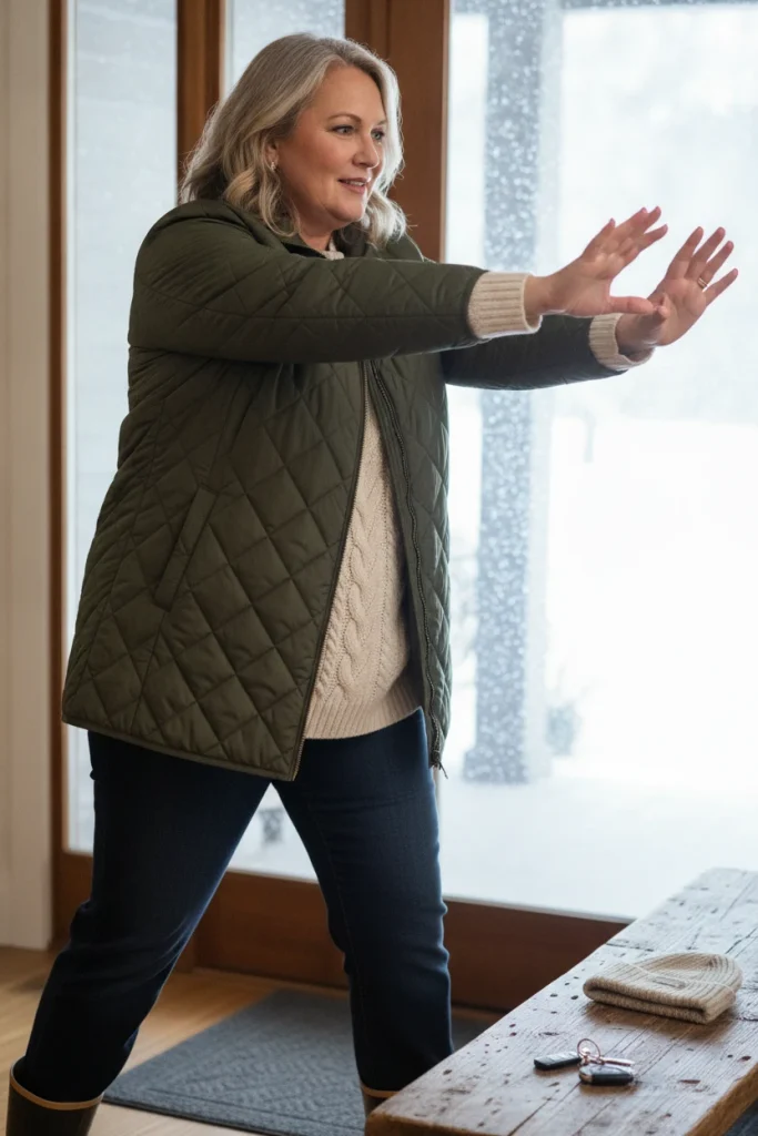 Plus-size woman testing arm room in an olive quilted jacket over a chunky sweater in her entryway