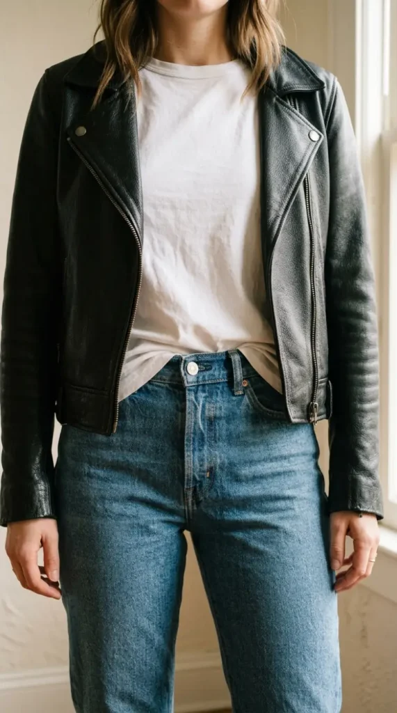 Half-tuck detail with a white tee, straight jeans, and a black leather moto at the hip Type. leather jacket outfits for women over 50