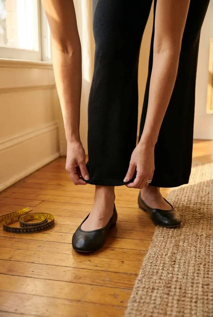 Hands adjusting ankle-length wide-leg lounge pants over black ballet flats, a petite styling detail