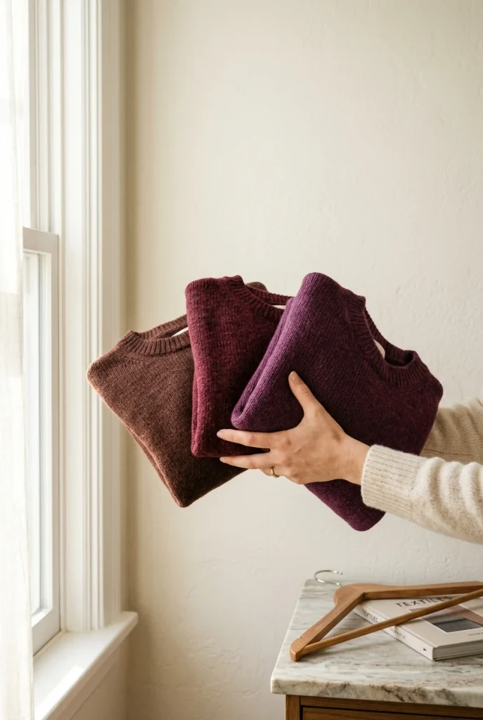 Hands comparing oxblood, burgundy and berry knit sweaters in window light to choose a shade