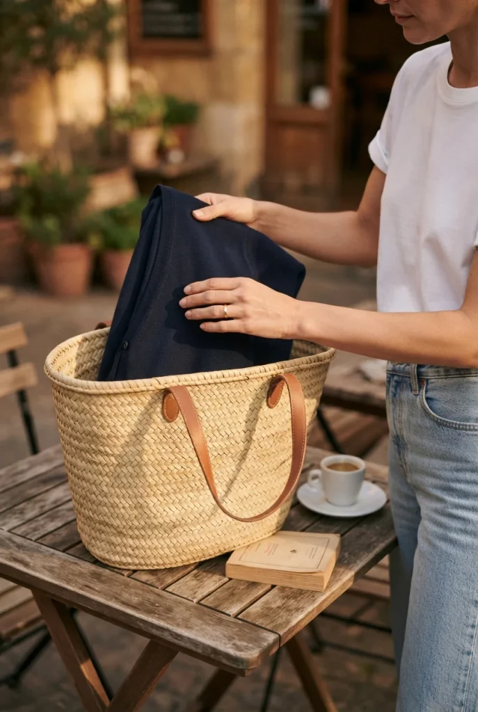 Hands folding a navy cotton cardigan into a woven tote, a layering trick for warm fall days