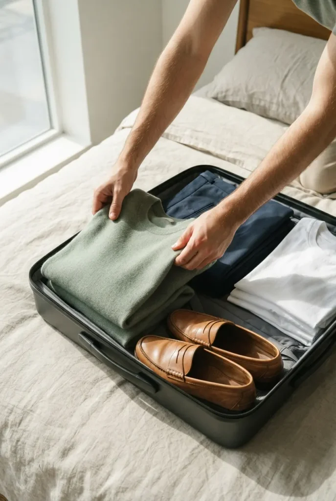 Hands folding a sage green knit into a suitcase packed with navy and tan pieces