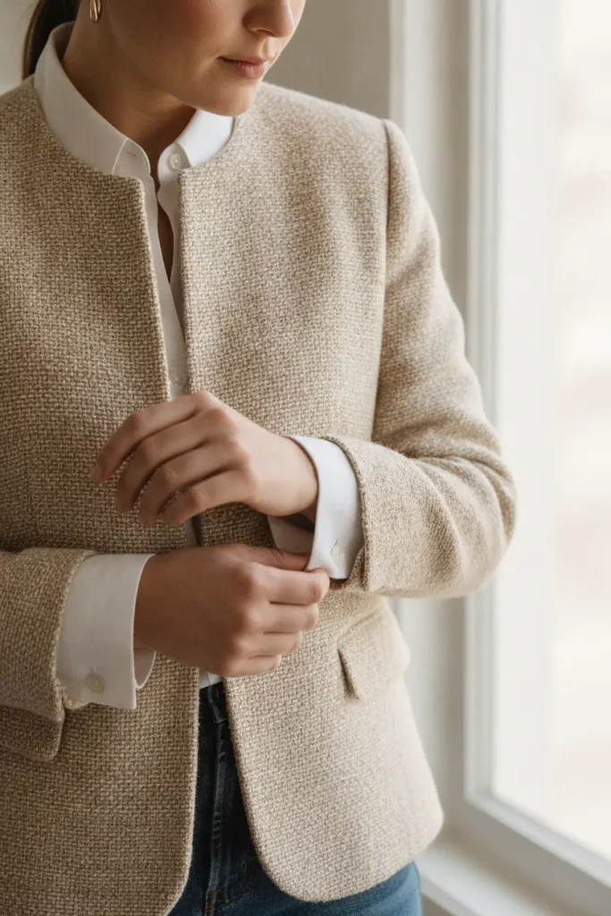 Hands folding a white shirt cuff over an oat tweed jacket sleeve, styling a jacket over 50