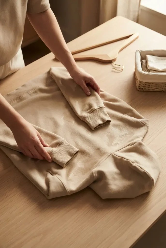 Hands folding an oat hoodie flat on a wooden table beside a wooden hanger
