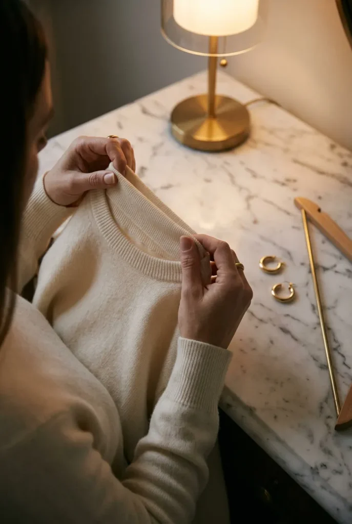 Hands layering a cashmere sweater over a thin thermal turtleneck for warm fall outfits over 60