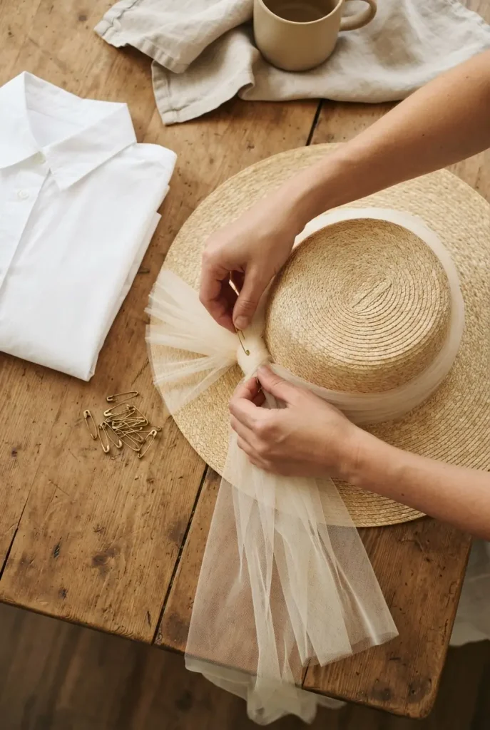 Hands pinning tulle to a straw hat for a DIY beekeeper Halloween costume.
