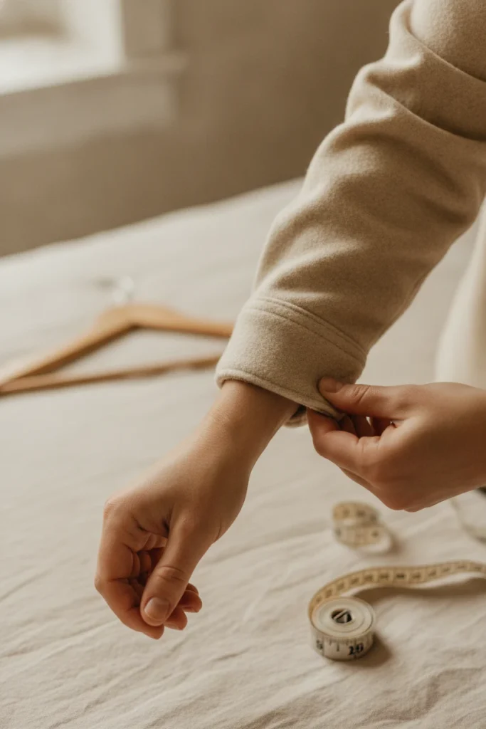 Hands rolling a shacket sleeve cuff to the forearm to check sleeve break and fit.