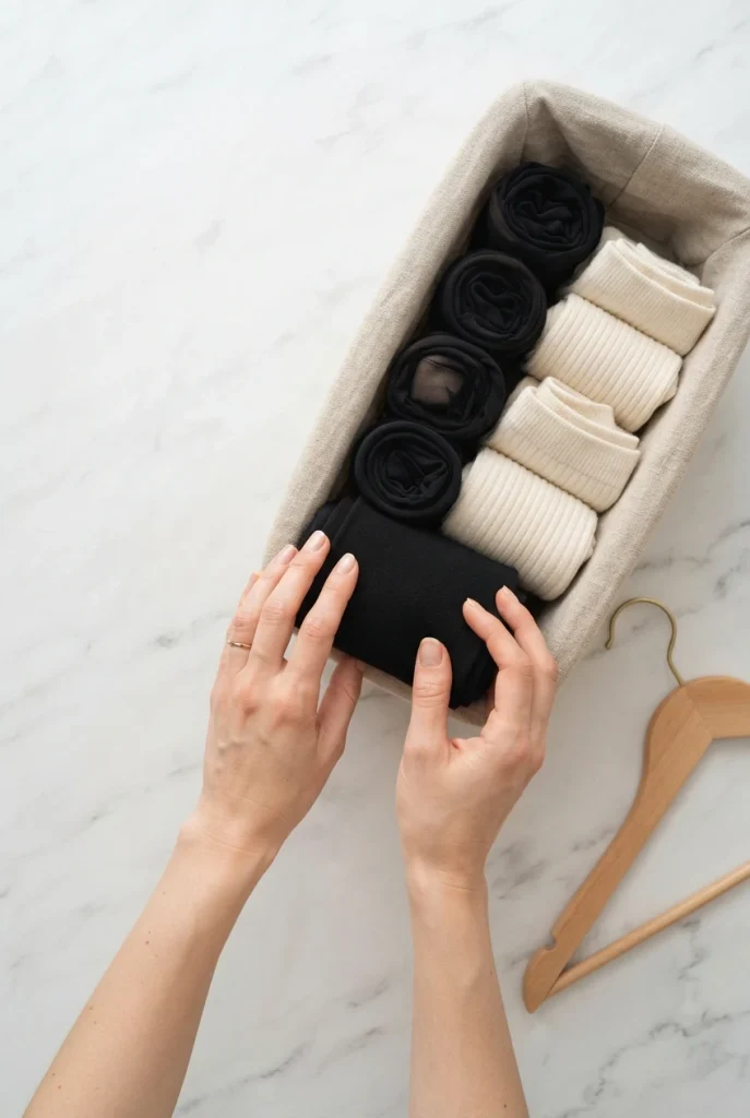 Hands rolling black tights into a linen-lined basket of tights and socks for storage