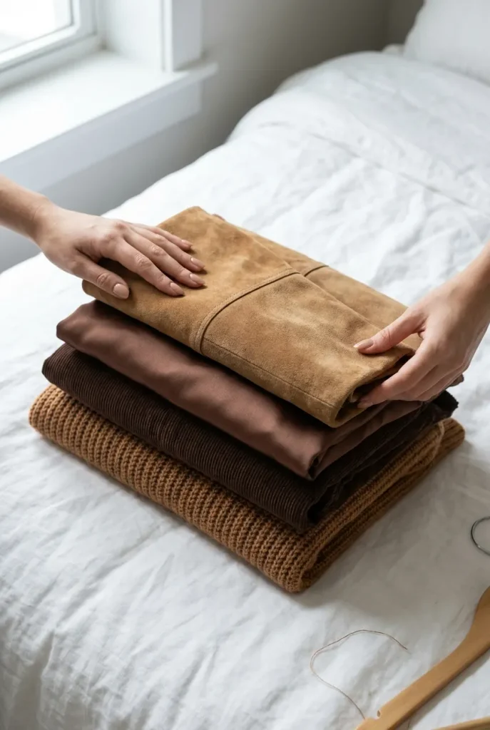Hands stacking suede, satin, corduroy and knit fabrics in four shades of brown.