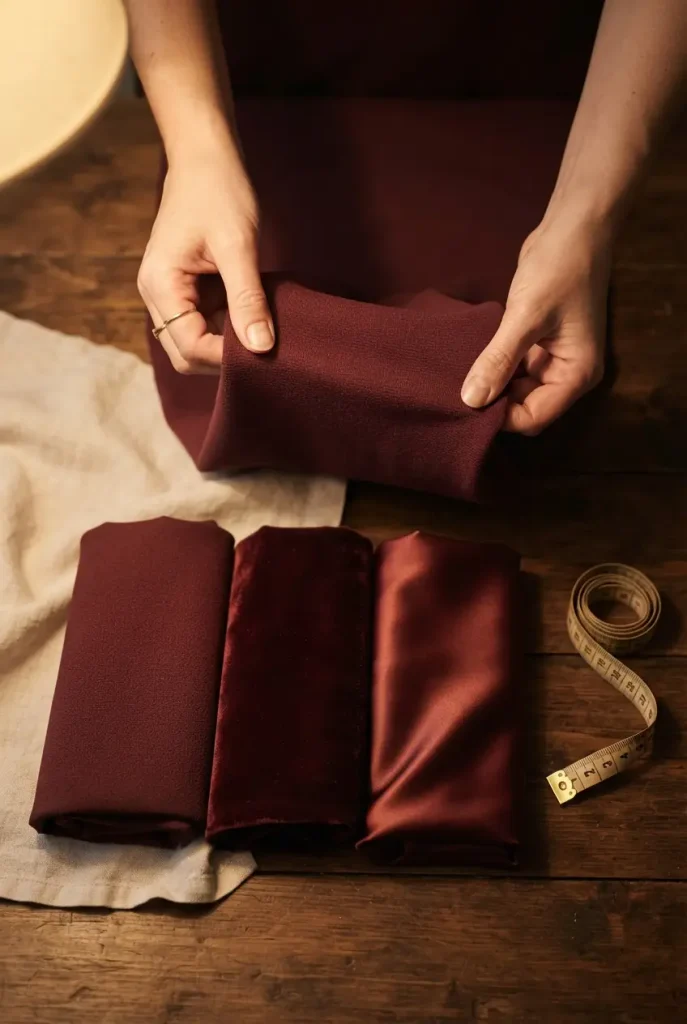 Hands testing matte burgundy ponte against velvet and satin swatches on a wooden table