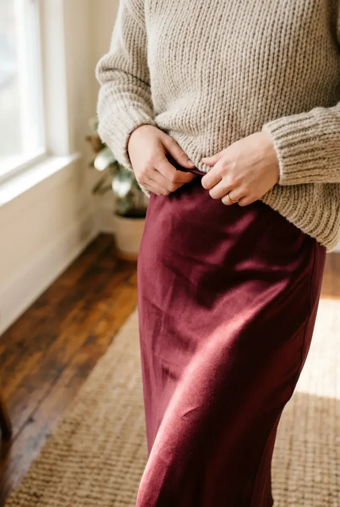 Hands tucking an oatmeal knit into a burgundy satin slip skirt, showing matte and shiny texture