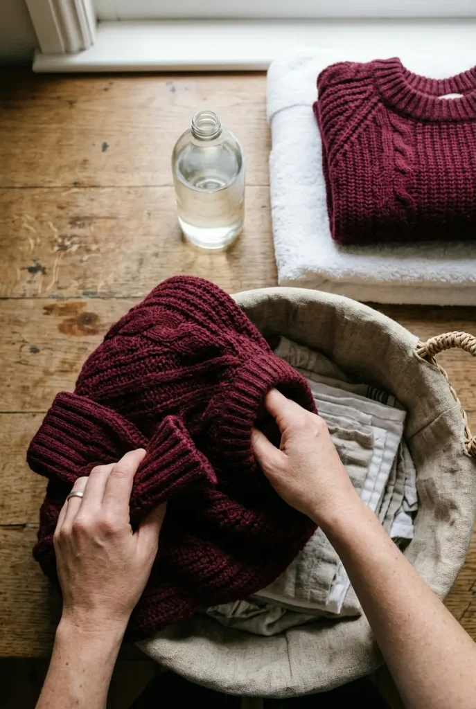 Hands turning a burgundy sweater inside out before a cold wash to keep the color from fading