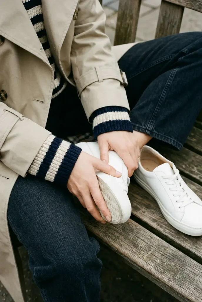 Hands twisting a white leather sneaker to test support, with a trench coat sleeve and dark jeans for fall