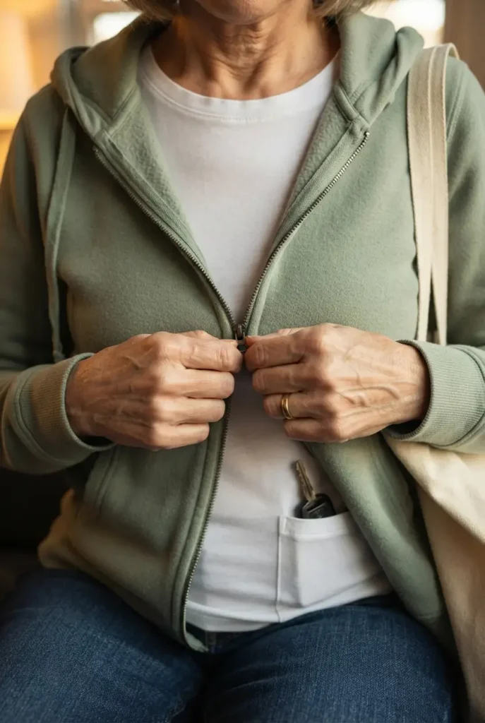 Hands unzipping a sage full-zip hoodie over a white tee, close-up point of view