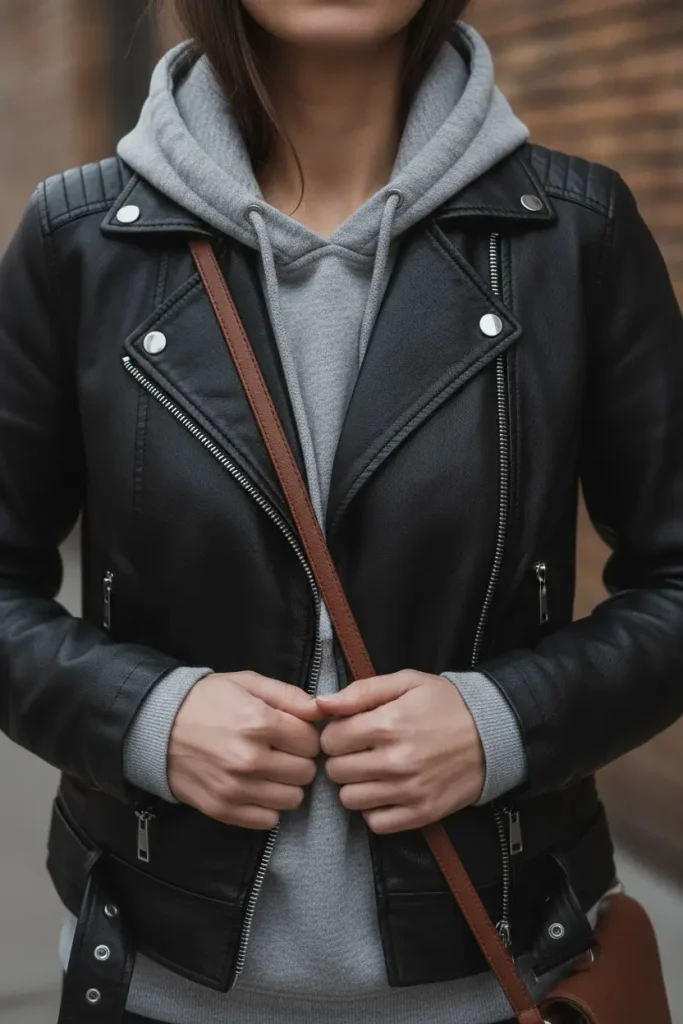 Hands zipping a leather moto jacket over a gray hoodie, a warm layering trick for jacket outfits