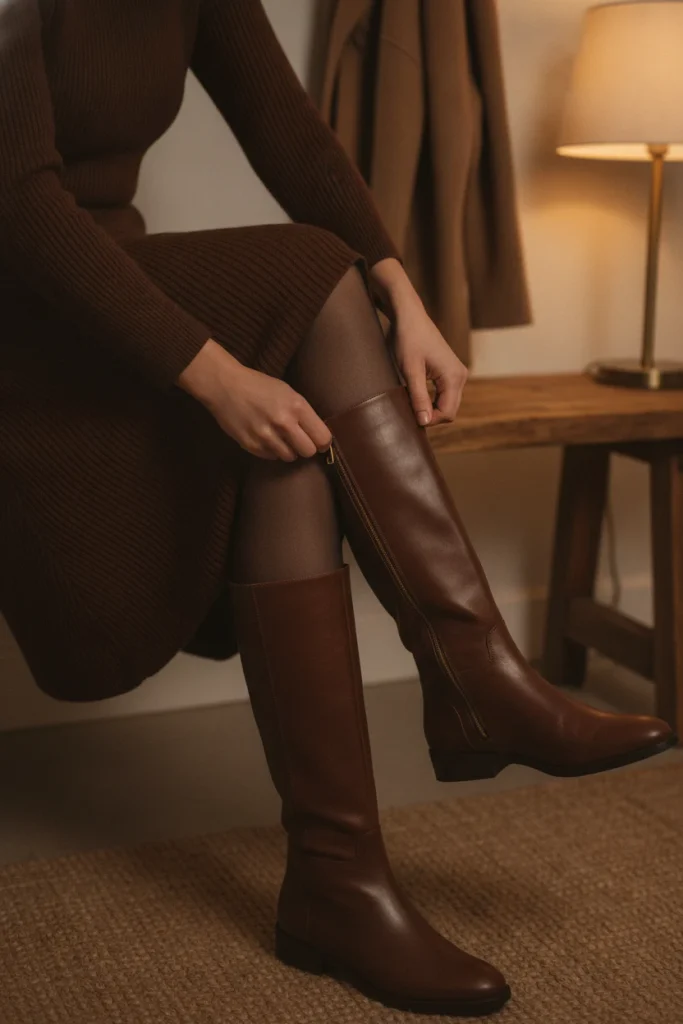 Hands zipping a wide-calf brown knee boot under a chocolate sweater dress for a plus-size fall outfit