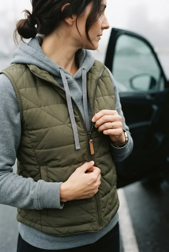 Hands zipping an olive quilted vest over a gray hoodie on a fall morning