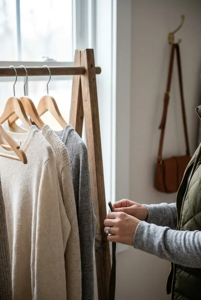 Hands zipping an olive quilted vest over a gray lounge set on a cool fall morning
