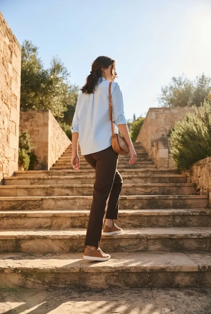 Icy blue shirt tucked into chocolate trousers with tan sneakers, a Cool Blue fall outfit for warm days
