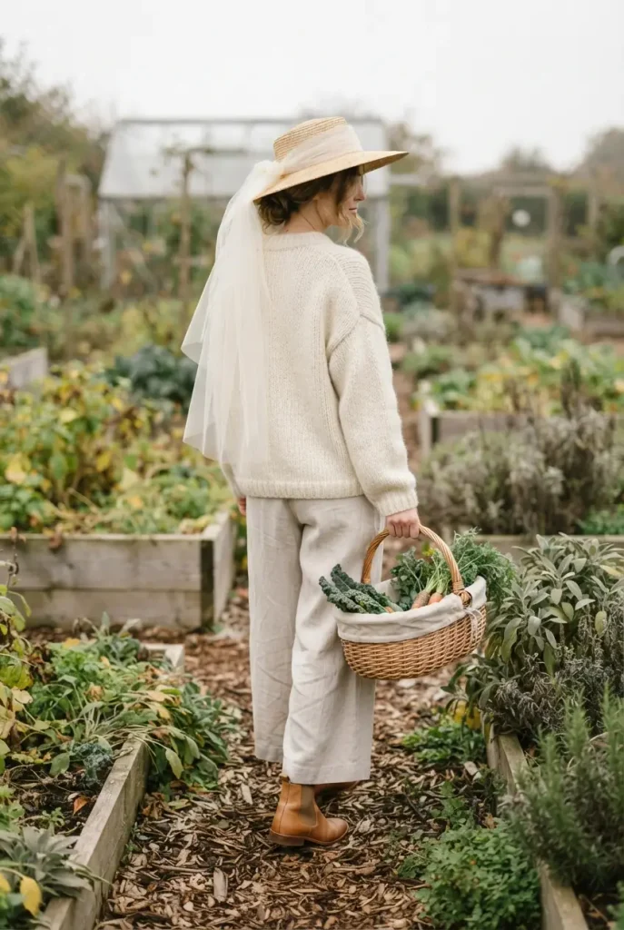 Ivory and oat beekeeper Halloween costume outfit with a tulle veiled straw hat