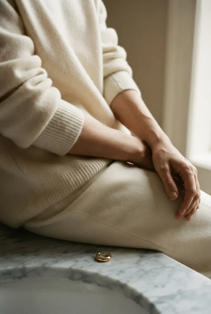 Ivory knit and cream trousers photographed like carved stone for a statue Halloween costume.
